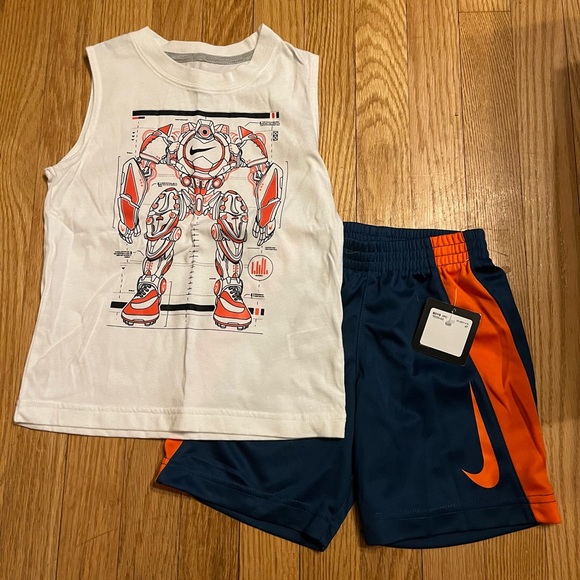 Nike Little Boys White Robot Tank Top and Navy Orange Shorts Set - Picture 1 of 3